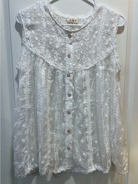 POL White Lace-Embroidered Sleeveless Button Front Top